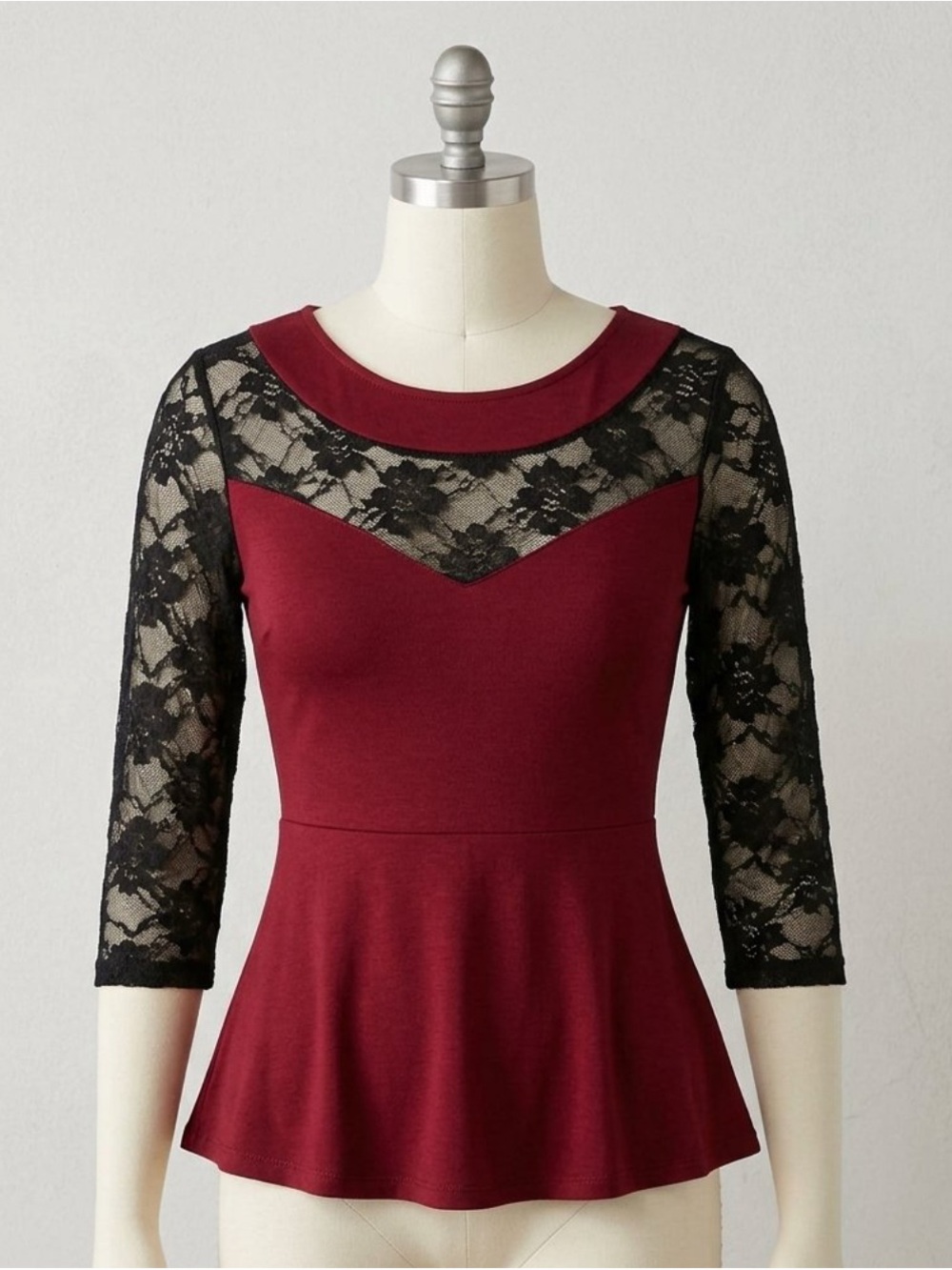 Women's Burgundy Lace-Accent Peplum Top